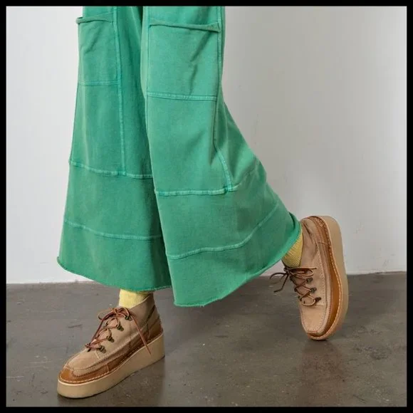 EASEL "Perfect Cargo" Terry Knit Mineral Washed Flared Leg Pants Raw Seams, Hems - Picture 10 of 15